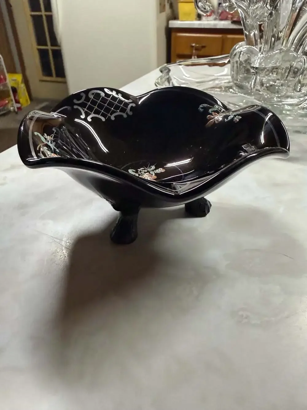 Vintage Japanese Black Porcelain Scalloped Footed Bowl with Hand-Painted Floral